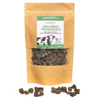 Tassafritt Träningsgodis Oxhjärta 80 g. Torkade små bitar. Passar perfekt som belöningsgodis att ha i fickan.