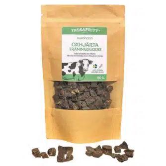 Tassafritt Träningsgodis Oxhjärta 80 g. Torkade små bitar. Passar perfekt som belöningsgodis att ha i fickan.
